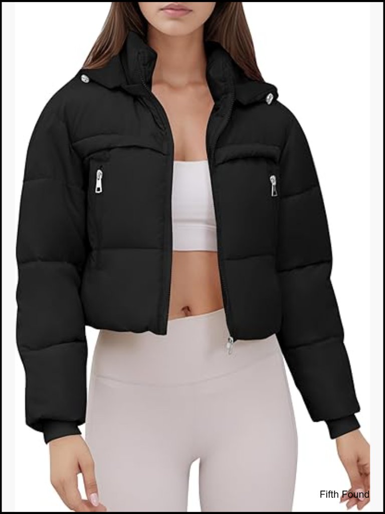 Cropped Puffer Jacket Hooded Warm Padded Winter Coat With Pockets